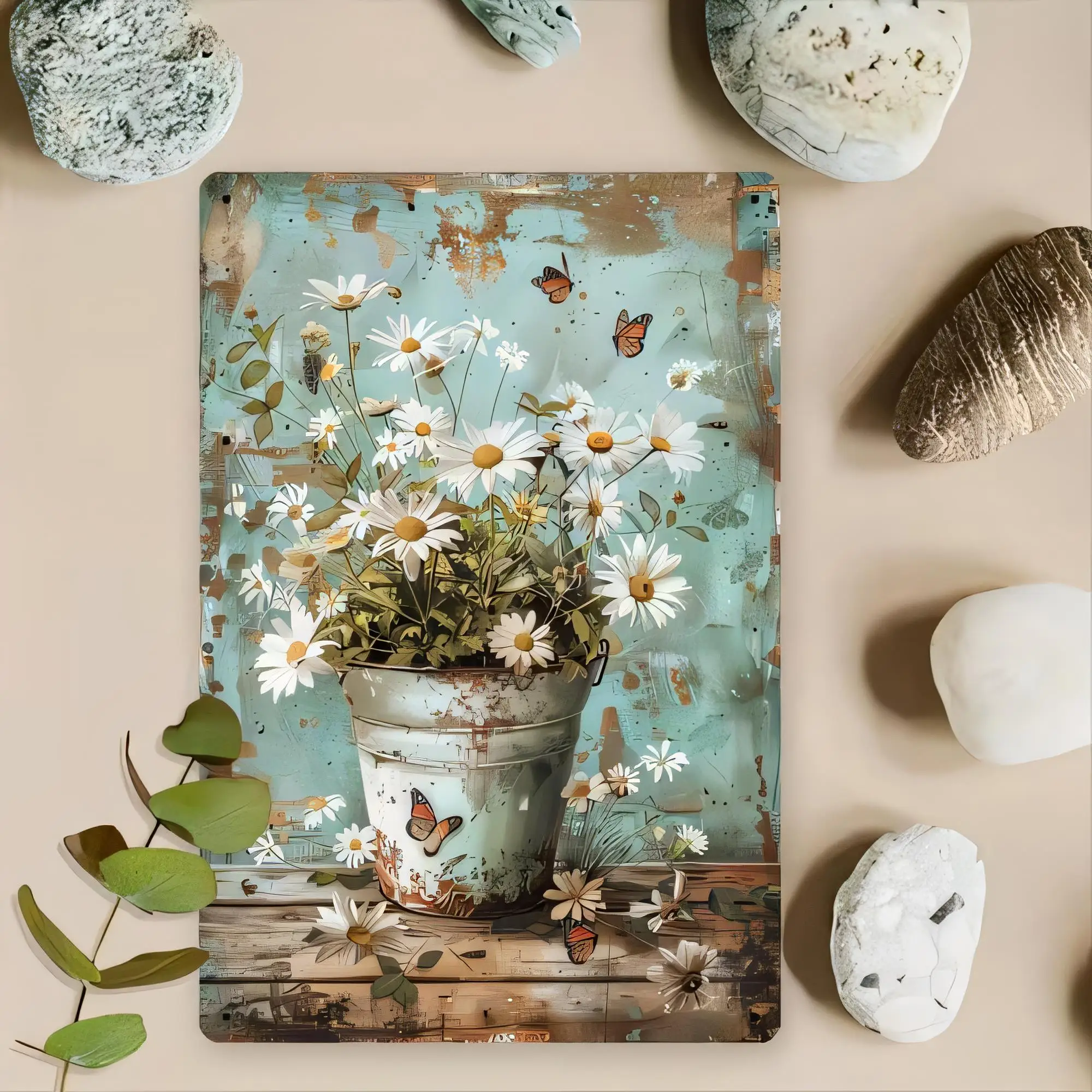 Tin Sign Floral Daisy Vase on Rustic Wood Background Vintage Metal Wall Art Plaque for Home Decor Farmhouse Cottage Garden Bedro