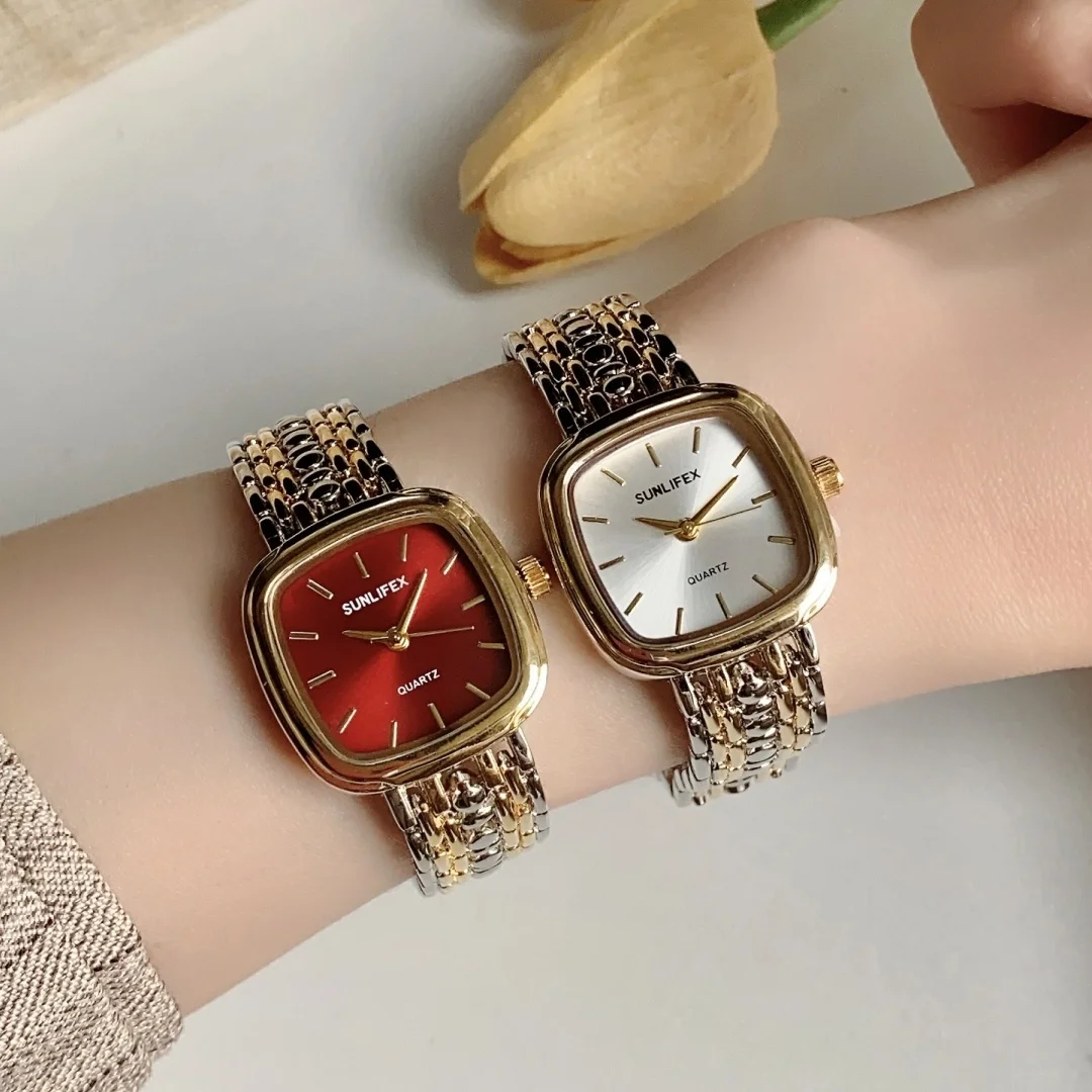 Sunlifex ساعة كوارتز بسيطة للنساء ساعات مربعة فستان سوار سلسلة ساعة يد للسيدات ساعة نسائية Relogio Feminino