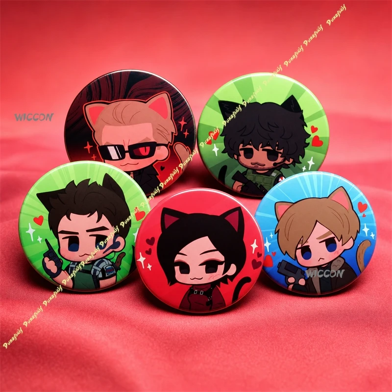 Q Version Resident Cat Ear Evil Leon Pinback Buttons Set Game Character Round Badges Cosplay Accessories Backpack Pins Fans Gift