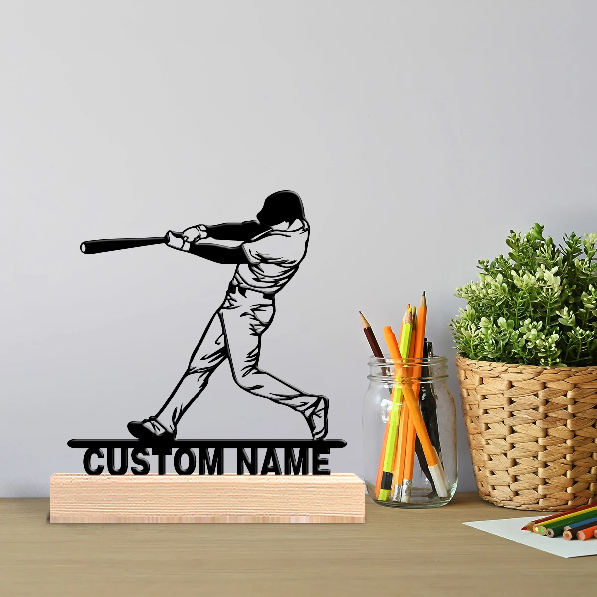A customized Nordic style item Baseball Metal Art With Wooden Base Tabletop Decoration Wooden base tabletop sculpture, suitable
