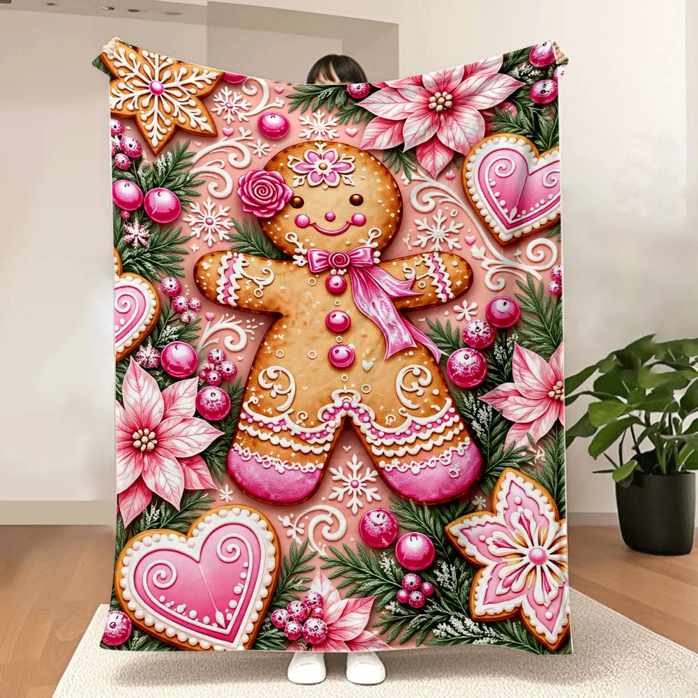 1PC pink gingerbread man and poinsettia print blanket-made of soft fluffy flannel, perfect for a sofa or bed. A festive choice f