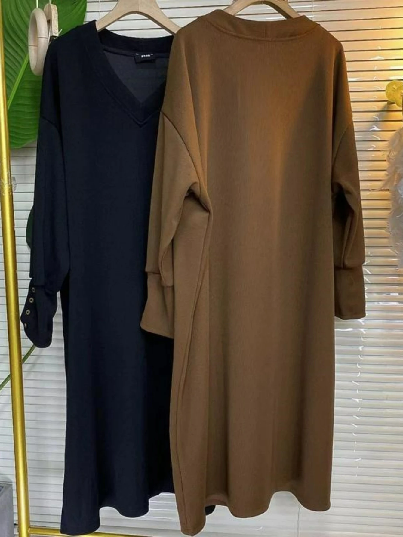 Women Loose Dress V Neck Long Sleeve Buttons Midi Dresses Solid Casual Straight Simple Vestidos Lady Autumn Winter Slight Strech