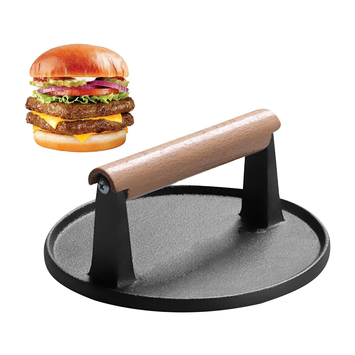 

Burger Press Heavy-duty Cast Iron Smash Bacon Press Meat Steak With Wood Handle Bacon Grill Non-stick Round Meat Press Plate