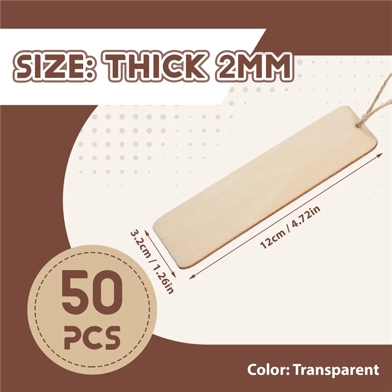 A19E-50 PCS Wood Blank Bookmarks Unfinished Wooden Book Marks Hanging Tag With Holes And Ropes DIY Craft Projects