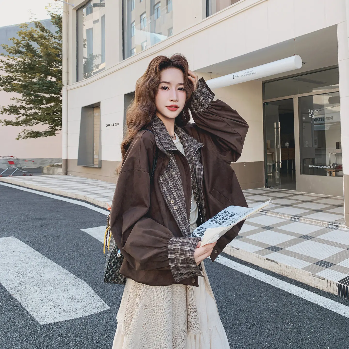 

Женское короткое пальто SuperAen в корейском стиле, весна 2026, новинка, с длинными рукавами, отложным воротником, оверсайз, повседневное