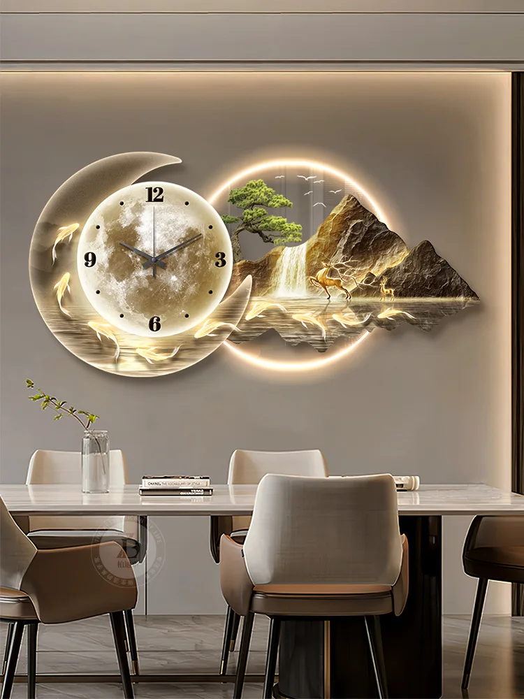 

Rizhao Jinshan with clock hanging wall decoration painting creative wall clock dining room dining table clock light luxury livin