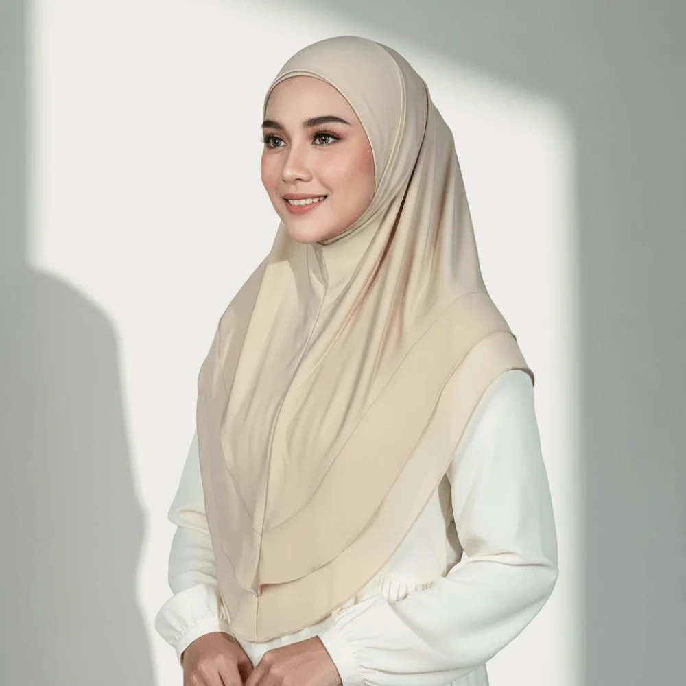 Non-Transparent Double Layer Chiffon Hijab Elegant Drape Breathable Mesh Instant Chin Cover Scarf Pinless Design