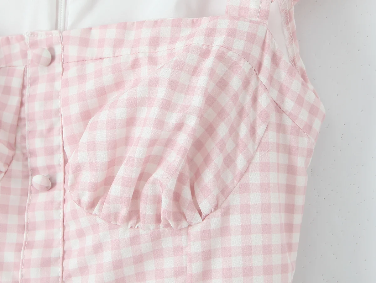 Zoete Roze Plaid Voorste Knop Korte Bladerdeeg Mouw Midi Jurk Vrouwen Boog Sjerpen Lage Taille Ruches A-lijn Swing Lange Jurken vestidos