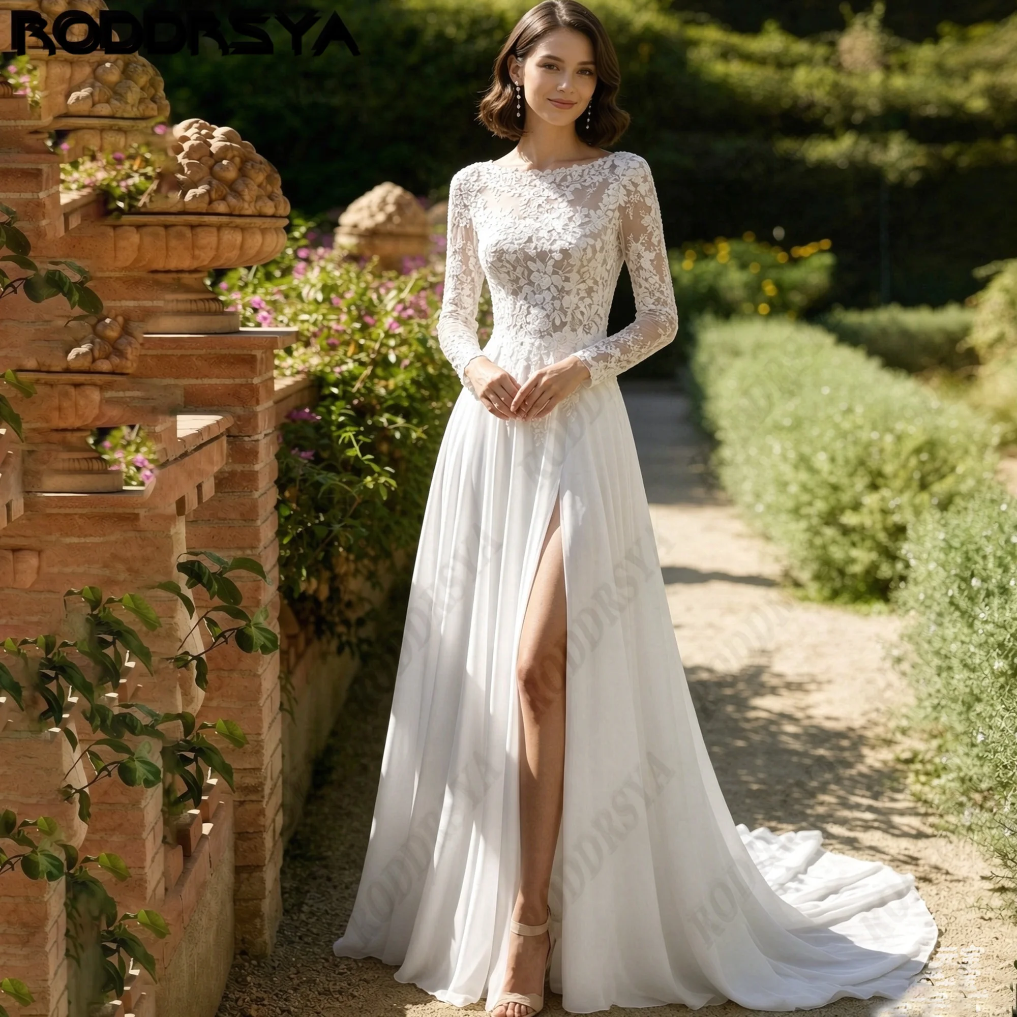 RODDRSYA Scoop Neck High Side Slit Wedding Dress Chiffon A‑Line Court Train Bridal Gown With Long Lace Sleeves Custom Made