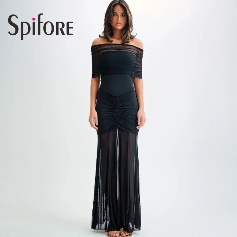 

Spifore сетчатое сексуальное длинное платье без бретелек с открытыми плечами для женщин, модное женское вечернее платье с открытой спиной и высокой талией и рюшами