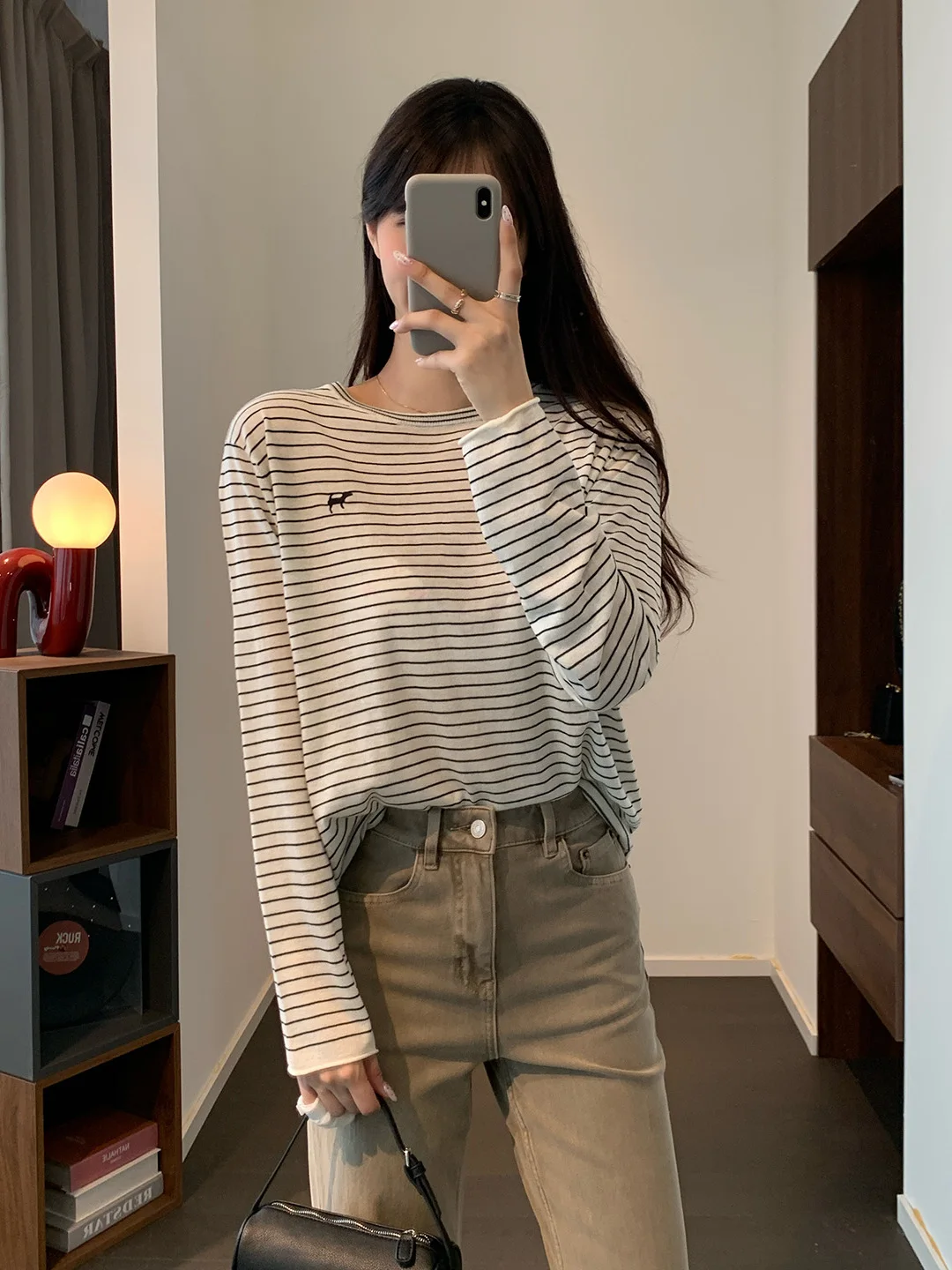 

Loose Shoulder Wool Blend Knitted T-Shirt Embroidered Stripe round Neck Casual Style Female Spring Long Sleeve Top