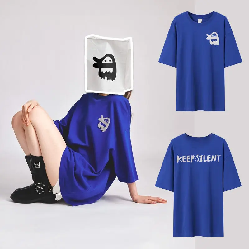 سرنا LingOrm Orm Kornnaphat نفس تي شيرت رسالة مطبوعة القطن الخالص قصيرة الأكمام الأزرق الداكن جديد بلوزة فضفاضة غير رسمية #1