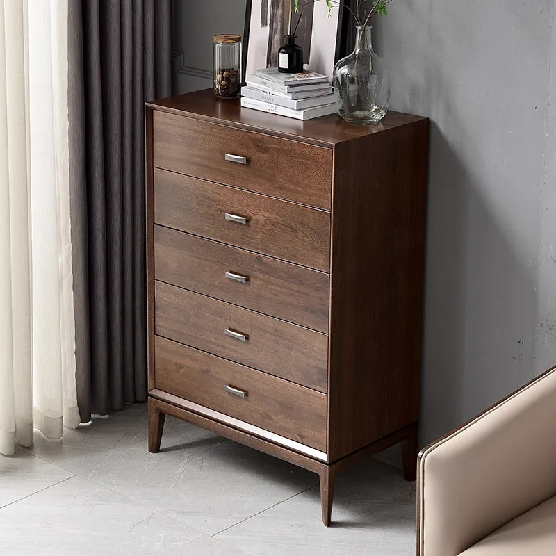 Black walnut solid wood chest of drawers Bedroom Italian minimalist Nordic bedside locker Fully equipped storage cabinet 5 chest
