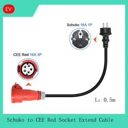 CEE-Schuko Poder Feminino Plug Tomada Adaptador, Conversor Portátil, UE, 3 Fase, 11KW EV Carregadores com Cabo, 0.5M, 16A, 1P, Vermelho