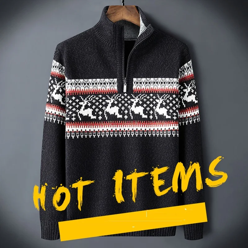 Turtleneck Jumper Men High Neck Zipper Warm Winter  Pullover Men Christmas Deer Long Sleeve Sweater Knitwear Pullovers Knitted