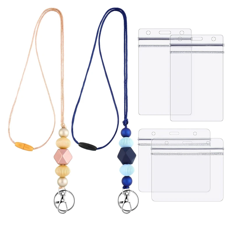 2 Pcs Lanyard For Women Badge Lanyard Fashion Beaded Neck Lanyard With 4 Pcs Card Holders Separable Necklace Lanyard