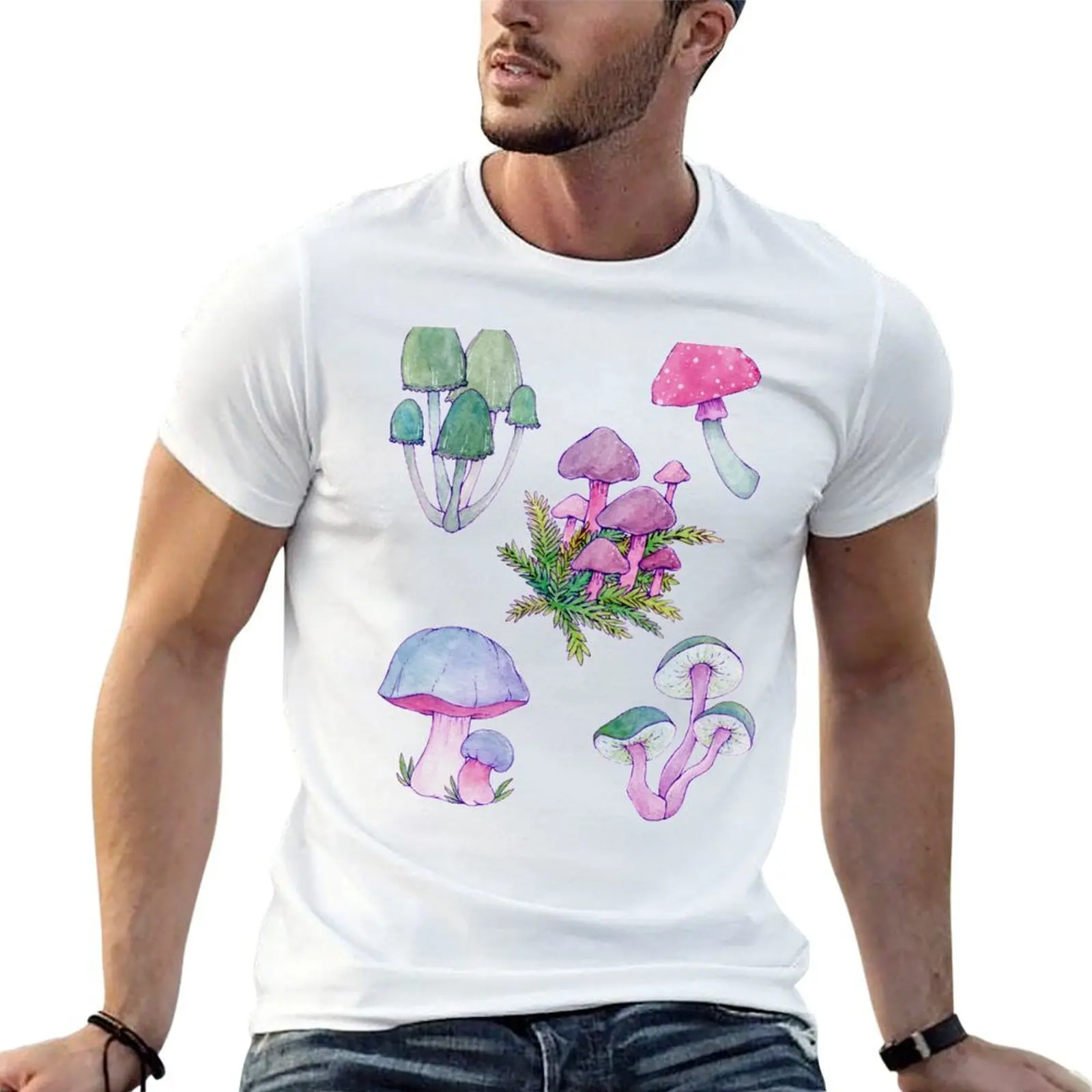 Whimsical Bright Watercolor Mushroom Design T-Shirt t shirts for man pack cotton t shirt custom print T-Shirt