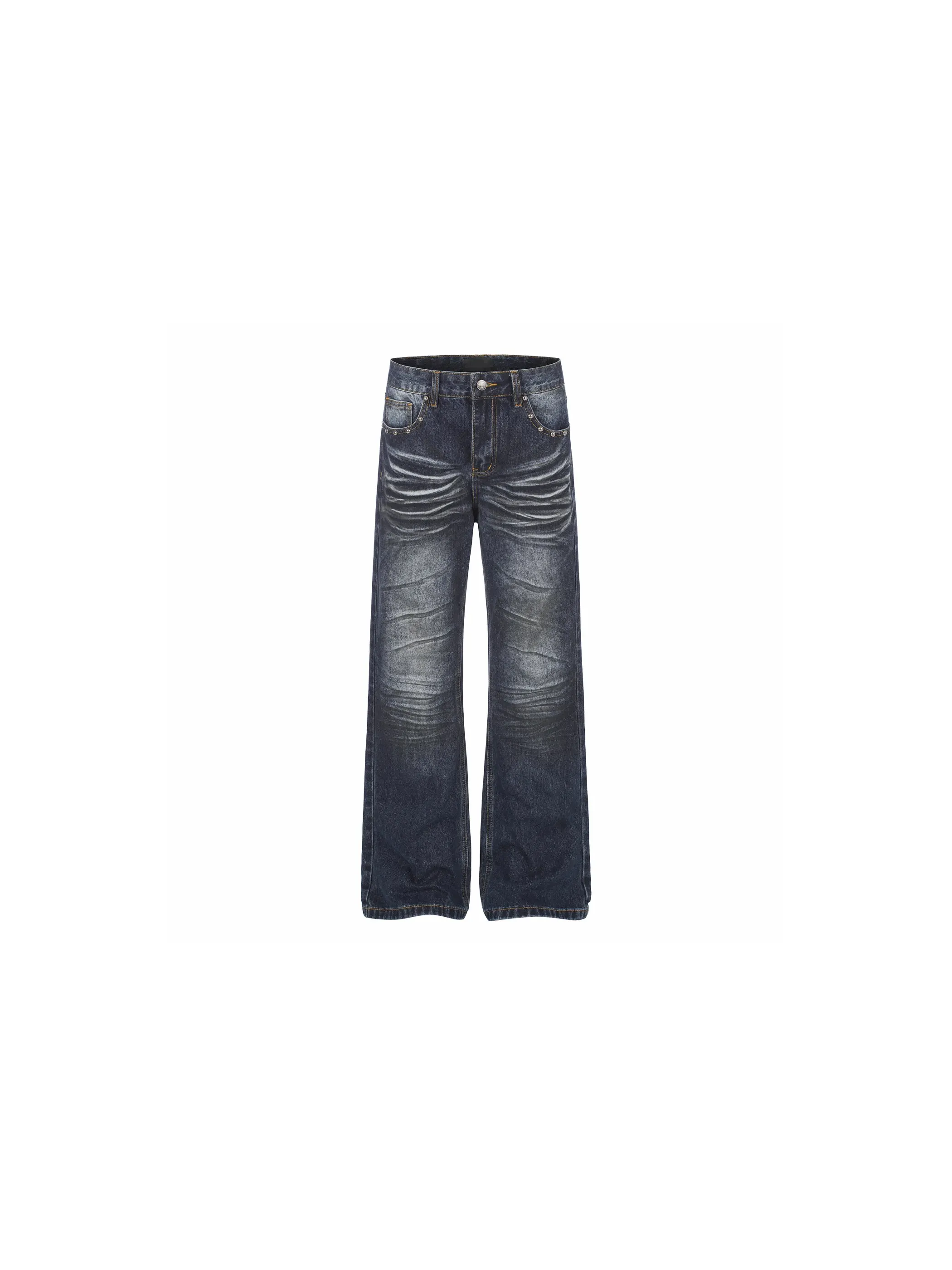 Slimming Handmade Washed Pleated Stacked American High Street Blue Jeans Men's Retro Denim Pants mid Waist Zipper Fly Loose Fit