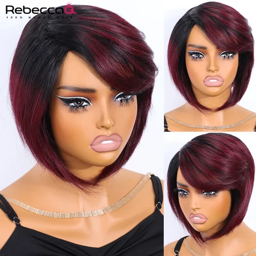 Imagen 2 del producto Peluca Bob corta y recta sin pegamento de color rojo 99J, pelucas de cabello humano 4C 100% con flequillo, peluca Bob de cabello humano Remy brasileño para mujeres