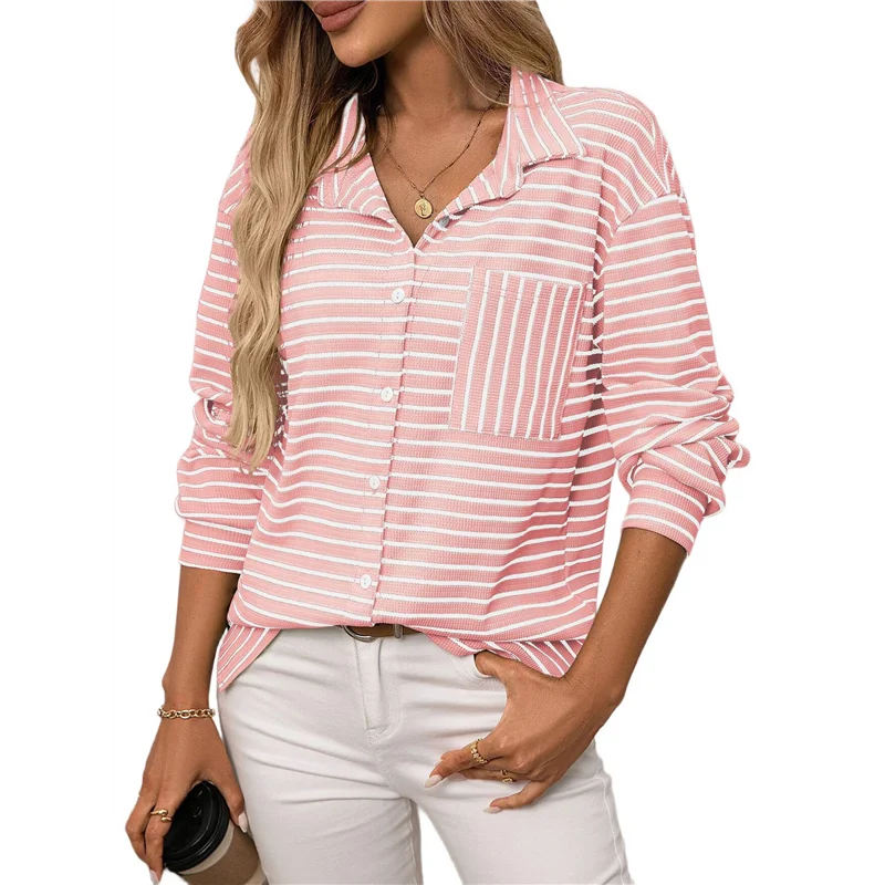 

ASDS-Womens Button Down Shirts Striped Classic Long Sleeve Collared Office Work Blouses Tops With Pocket
