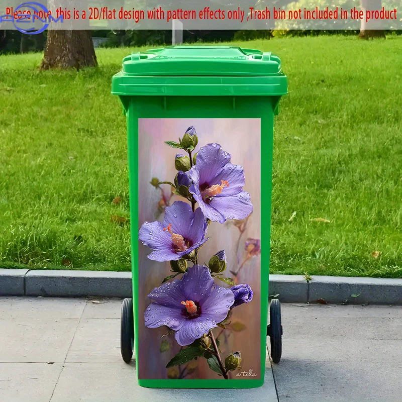[2D Flat Printing] 1pc 2D Pattern Printing Kitchen Trash Can Sticker  Purple Flower with Dew Charming Posture Theme Kitchen Ho