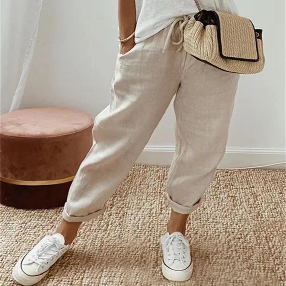 Women Summer Spring Midi Cotton Line Ruffles Vintage Big Large Plus Sizes Casual Party Fashion Loose Strip Pocket Pant