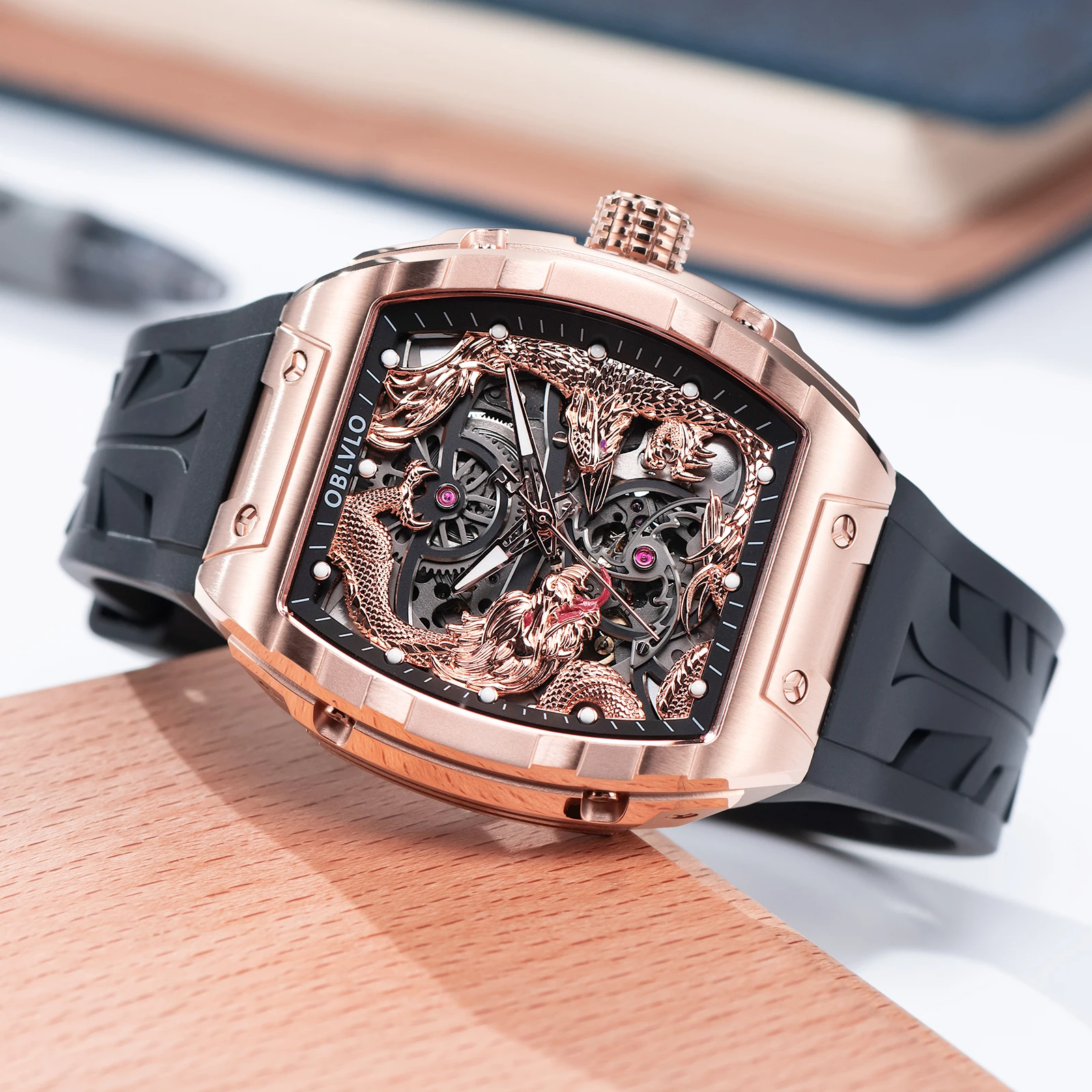 OBLVLO Men's Rose Gold Tonneau Mechanical Automatic Watch 3D Dragon Dial Waterproof With Artificial Sapphire Rubber Band ZM-PH