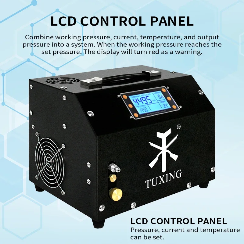 TUXING 300bar PCP Compressor de ar 4500psi LCD Display Digital Controle Compressor Built-in Auto Stop para Rifle Airgun Scuba Diving