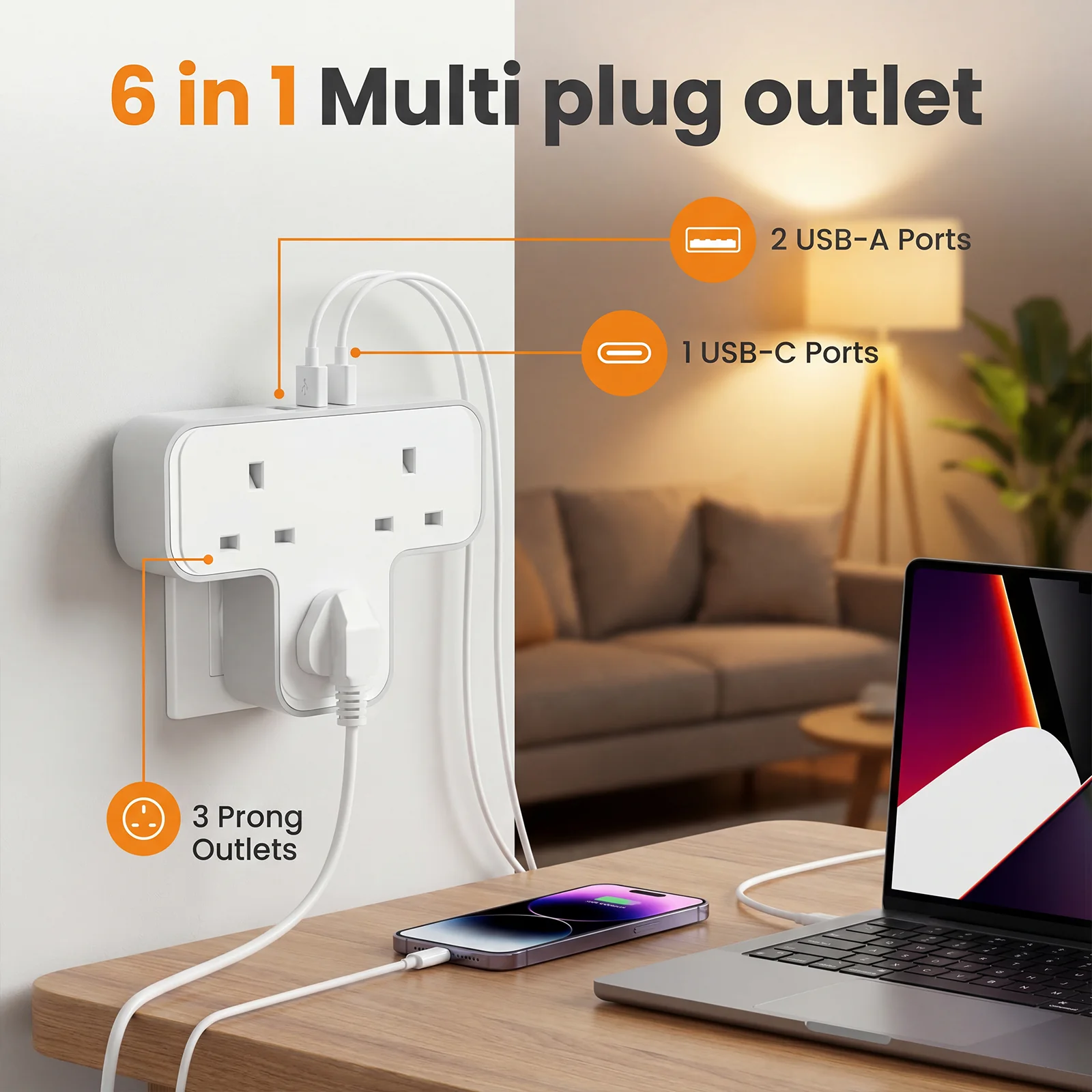 White Wall Mount T-Type UK Socket | 3 AC Outlets, 2 USB-A & 1 USB-C, Fireproof, Overload Protection, 13A Fuse, Max 3250W