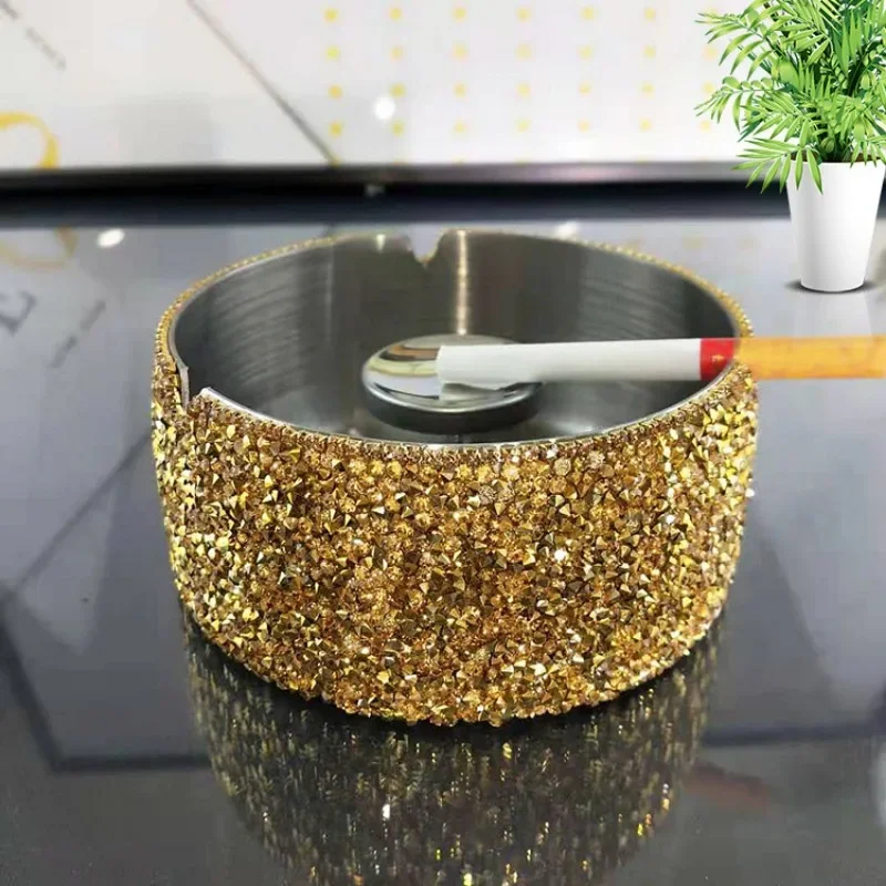 

Stainless Steel Ashtray Large Creative Household Diamond-encrusted Fly Proof Ash Tray High Appearance Tabletop Decoration