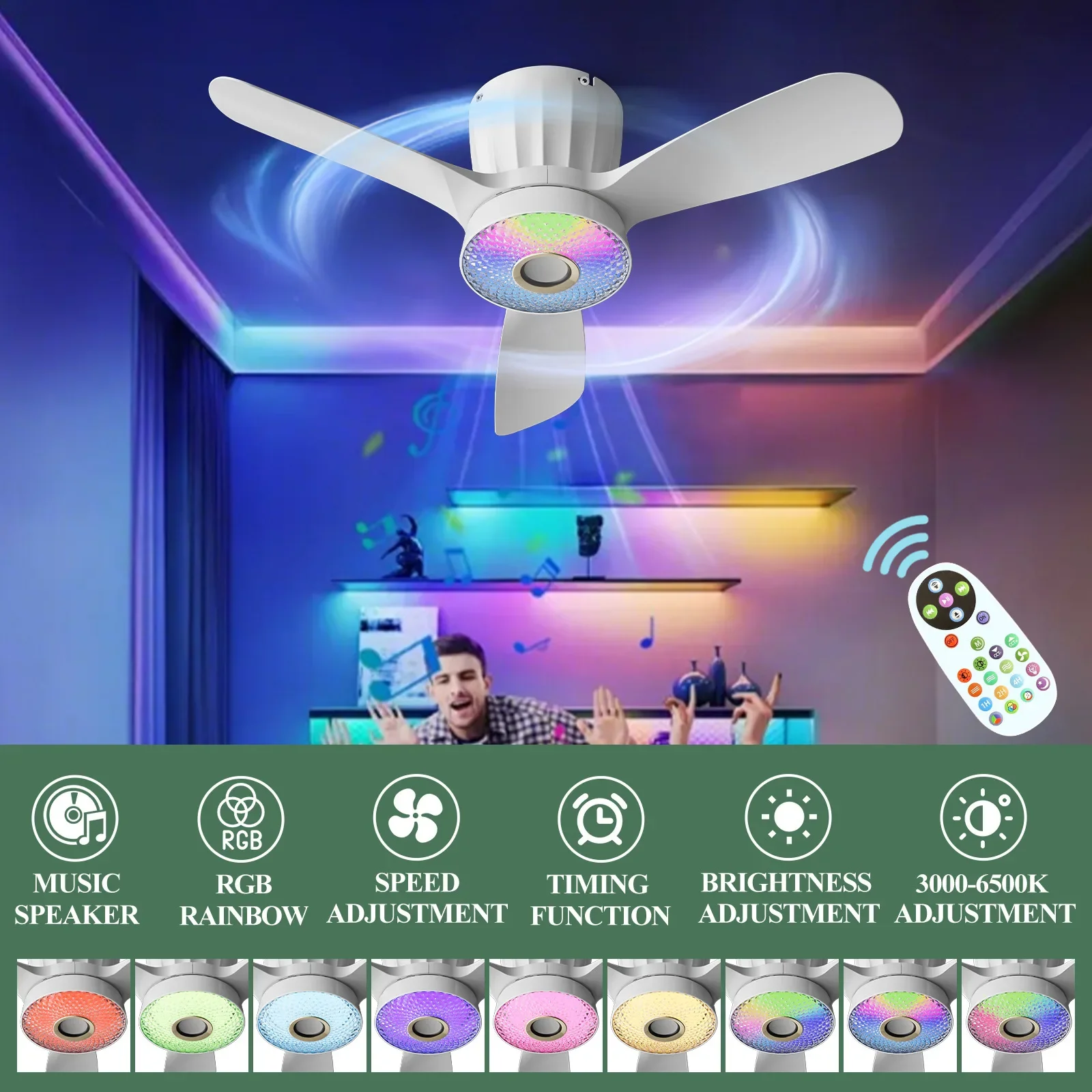 Intelligent Three Leaf Ceiling Fan Light Dining Room Bedroom Living Room RGB Music Style Ceiling Mounted High Wind Silent Fan