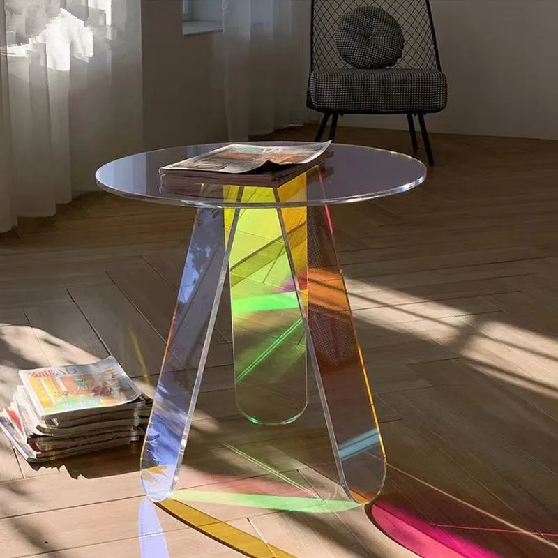 Modern Acrylic Round End Table with Geometric Base for Stylish Living Rooms Iridescent Acrylic Designer Side Table