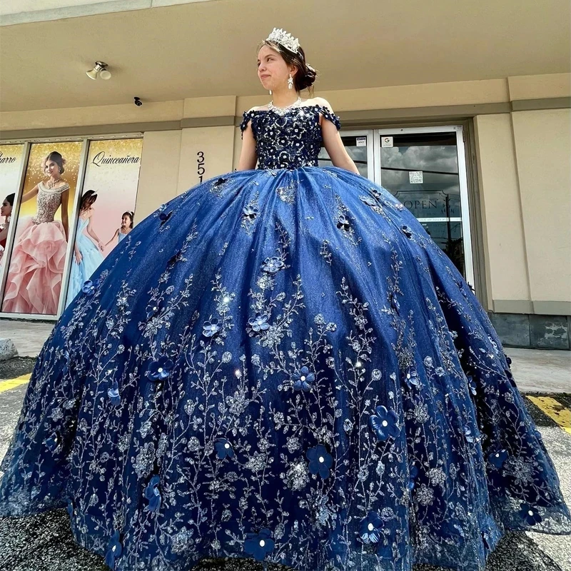 

Navy Blue Quinceanera Dress Prom Dress Off the Shoulder Sweet 15 Dress Sequin Graduation Applique Lace Party Princess Dress