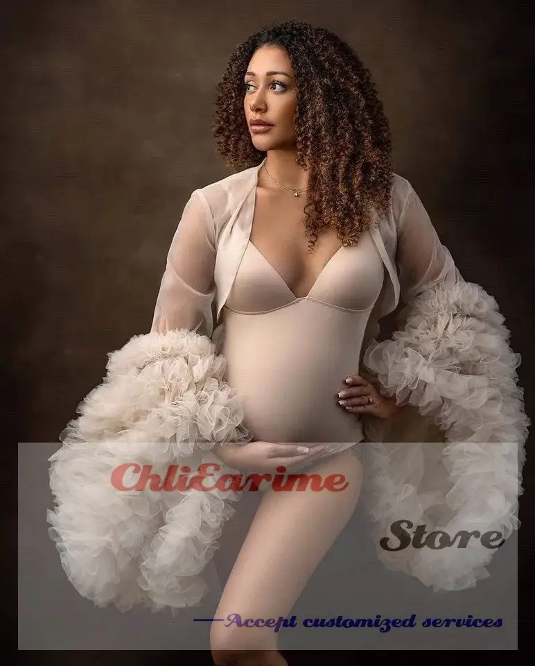 Short Tulle Maternity Robe for Photoshoot Long Sleeve Lingerie Bridal Bathrobe Puffy Dress