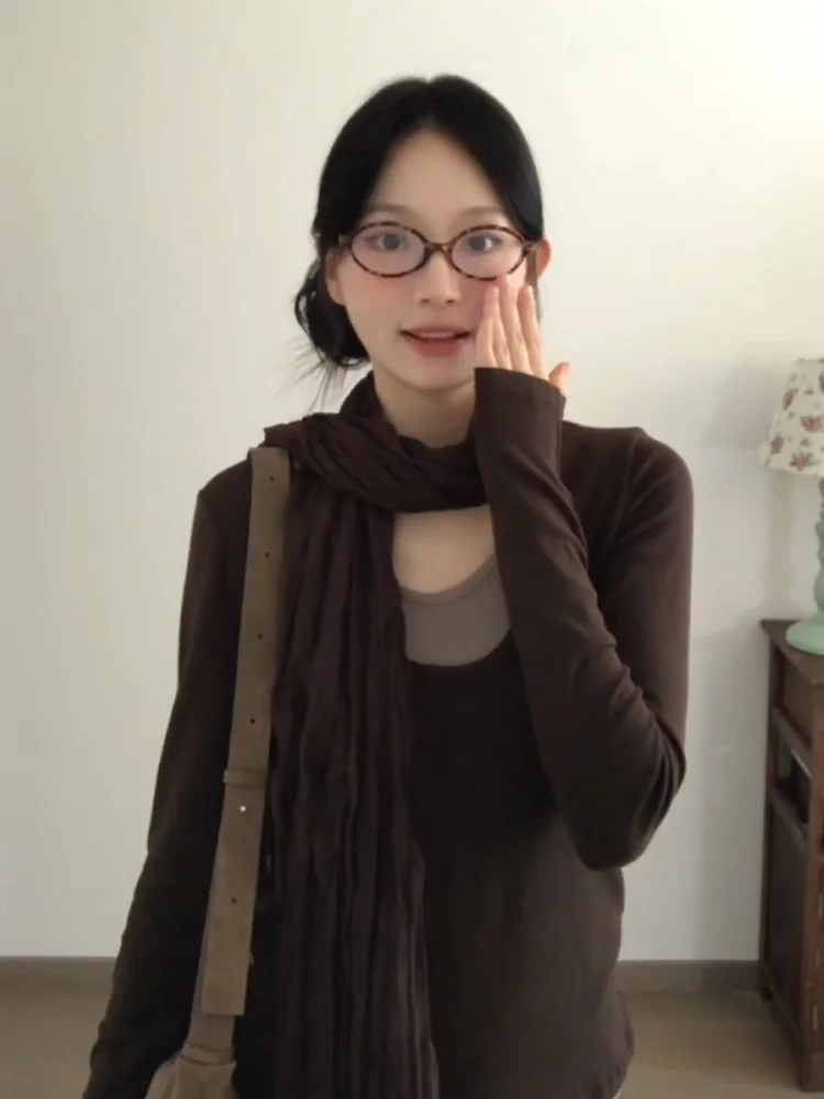 Retro American Splice Color Blo Long Sve T-shirt da donna Autunno Lazy Fit Abbigliamento interno Base irt Top V-ne Lunghezza regolare