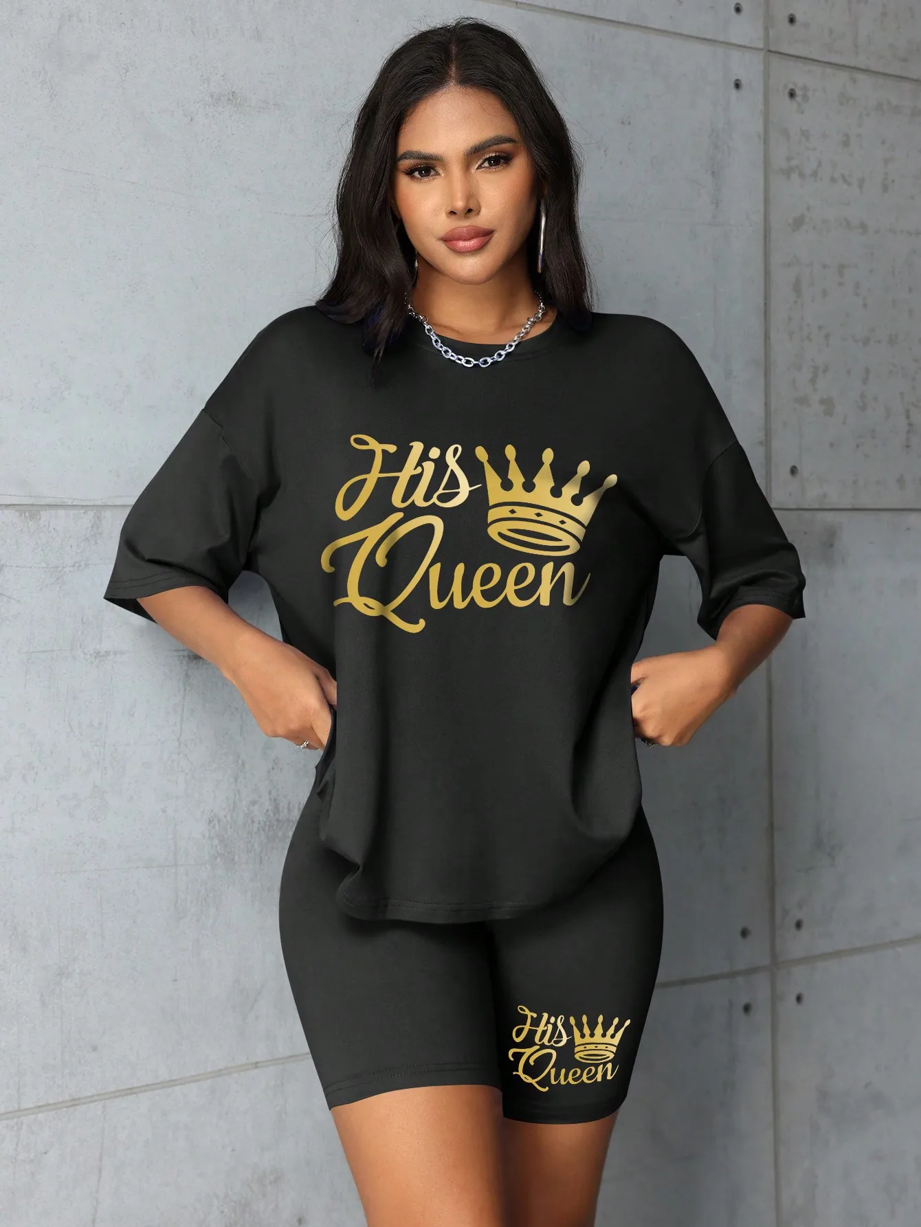 Plus size Women summer clothing Queen printed loose round neck casual black short sleeved T-shirt shorts two-piece set