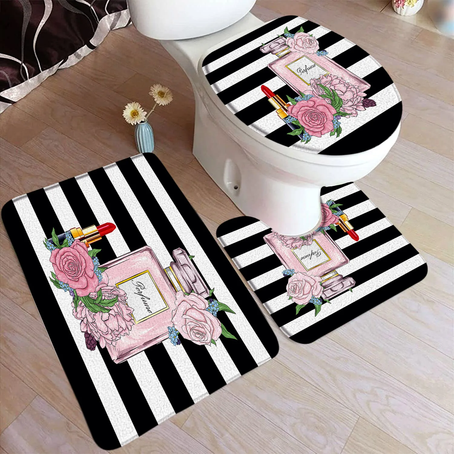 Fashion High Heeled Perfume Bath Mat Set Red Floral Magazine Black And White Stripe Home Doormat Bathroom Decor Rug Toilet Cover