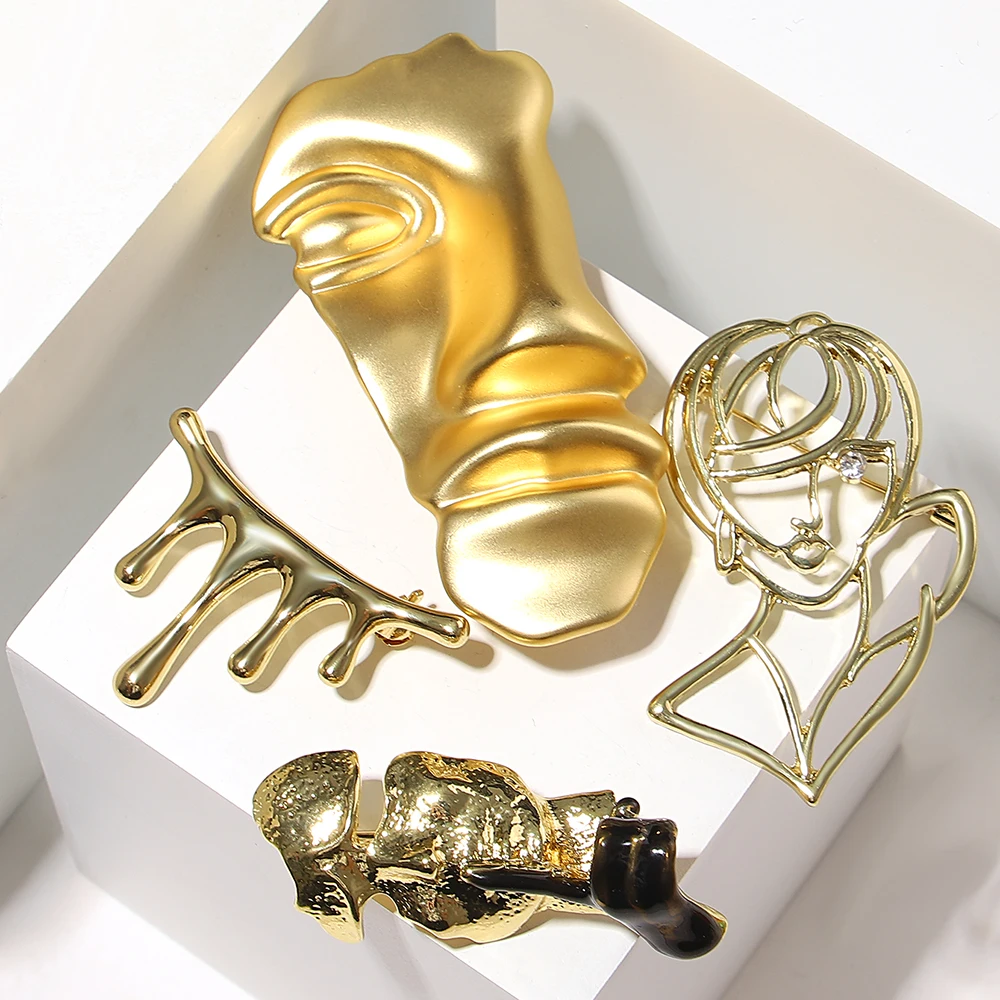 ALLYES Vintage Metal Brooches for Women Men Irregular Gold Color Abstract Mask Geometric Brooch Pins Accessories Gifts