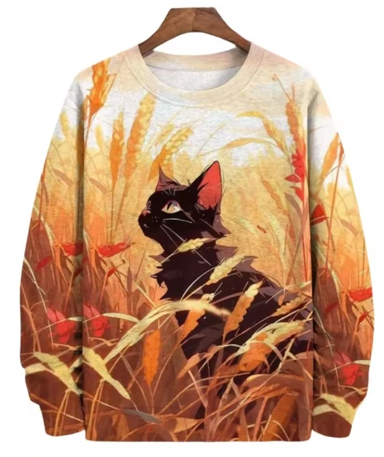 

Men's Retro Animal Kitten Printed Casual Sweatshirt Fashion Round Neck Pullover Sweatshirt Polyester Fabric