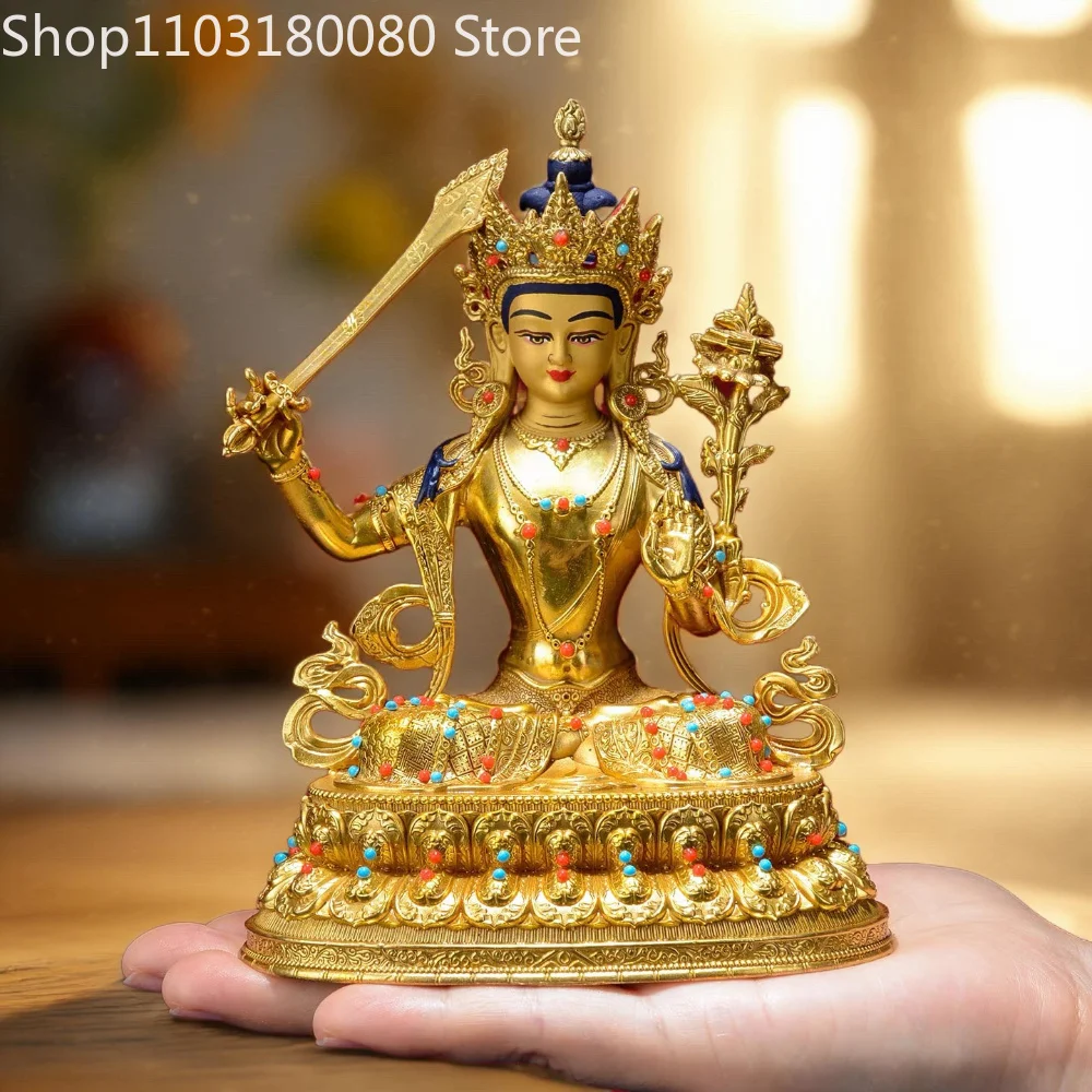15cm Brass Gilding Manjushri Bodhisattva Statue Tibetan Buddhist Wisdom Deity Sculpture Altar Home Decor