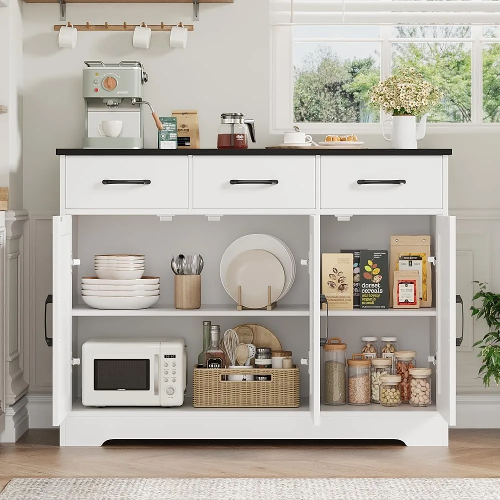 Modern Farmhouse Buffet Sideboard , Barn Doors Storage Cabinet , Wood Bar with Storage for Dining Room, Kitchen, White/Black