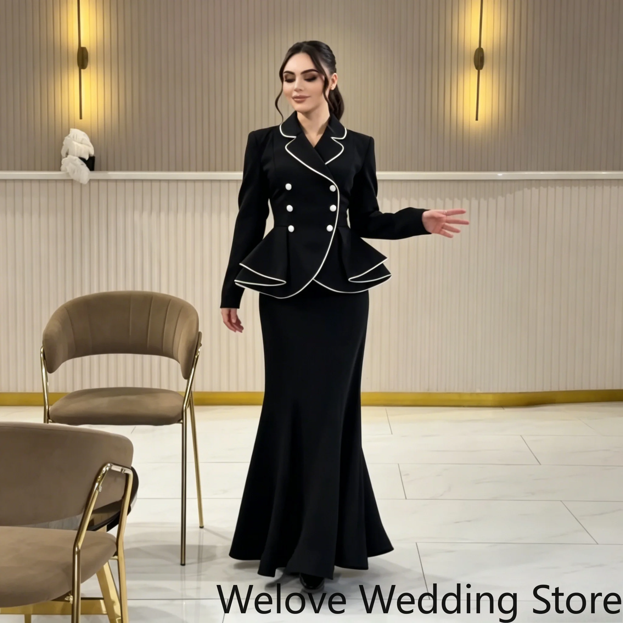 Customized Black Two Piece Evening Dress Lapel Blazer Contrast Trim Double Breasted Peplum Top Mermaid Long Skirt Elegant