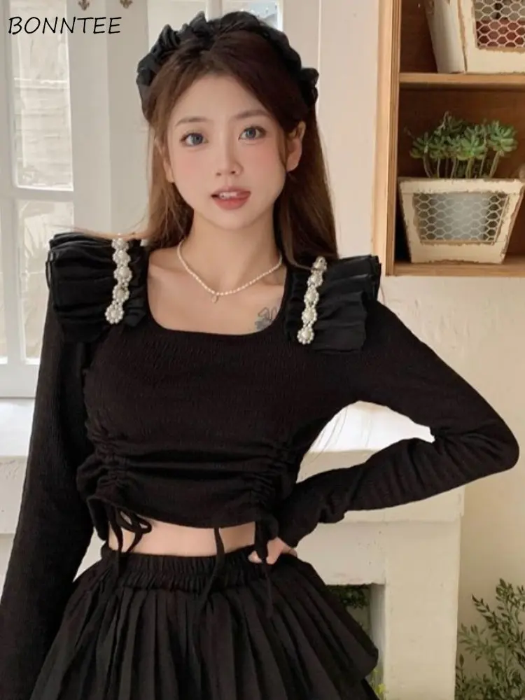 

Blouses Women Casual All-match Simple Sexy Streetwear Fashion Retro Korean Style Solid Female Spring Elegant Creativity Daily