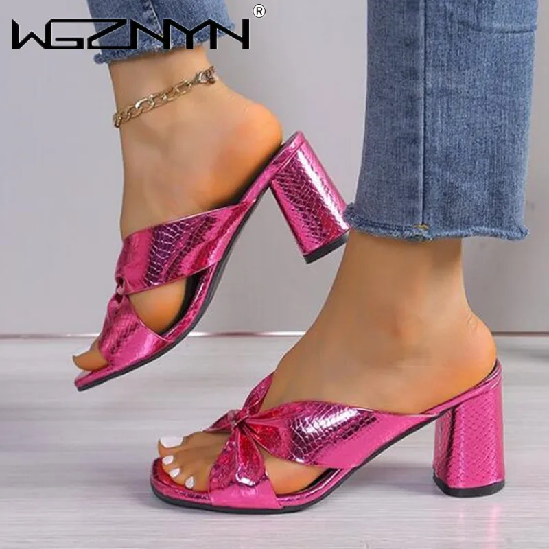 Womens Cross Strap High Heels Slippers 2024 Summer Luxury Golden Square Toe Sandals Women Designer Clear Heel Slides Woman