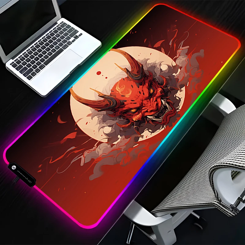 RGB LED Mouse Pad Computer Desk Accessories Mouse Mat Rubber HD Keyboard Pad Non Slip Mousepad Oni Hannya Samurai Mask Desk Mat