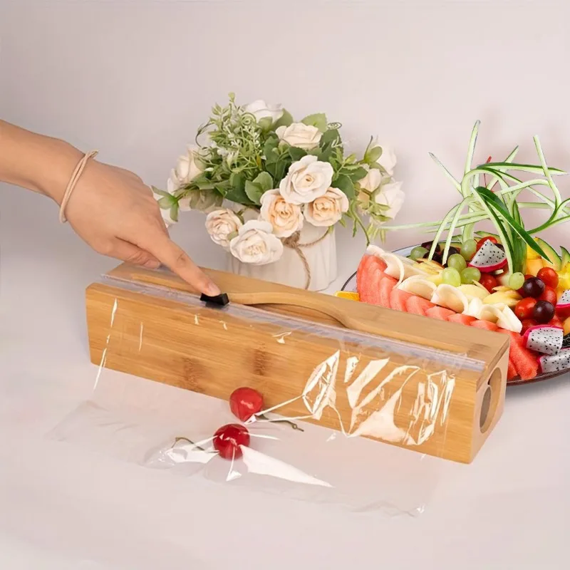 Wall Mounted Plastic Wrap Cutter Bamboo Wood Aluminum Foil Storage Box Bidirectional Sliding Knife Kitchen Kitchenware Organizer