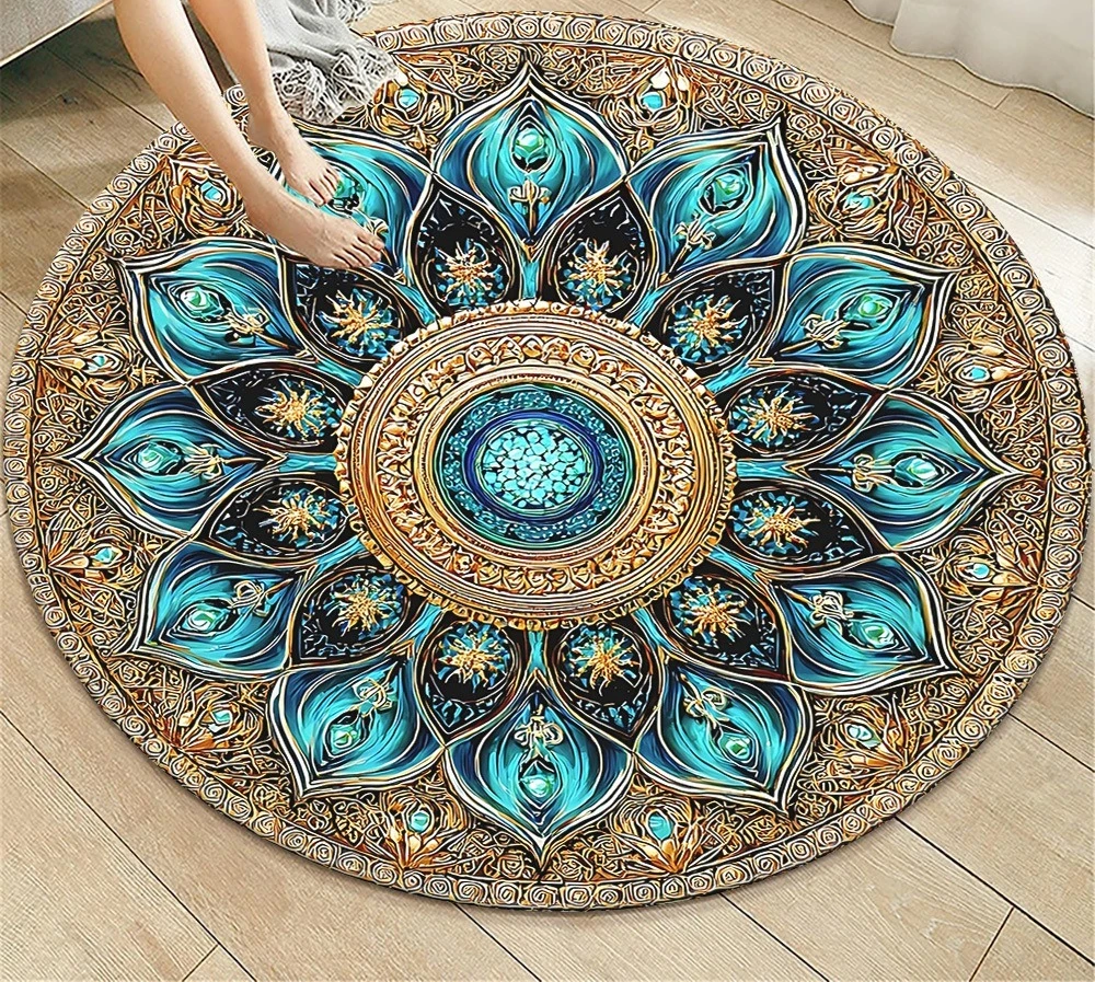 Exotic Bohemian Point Mandala Round Rug,Teal Golden Dot Medallion Printed Circular Floor Mat,Living Room Study Room Decor Carpet