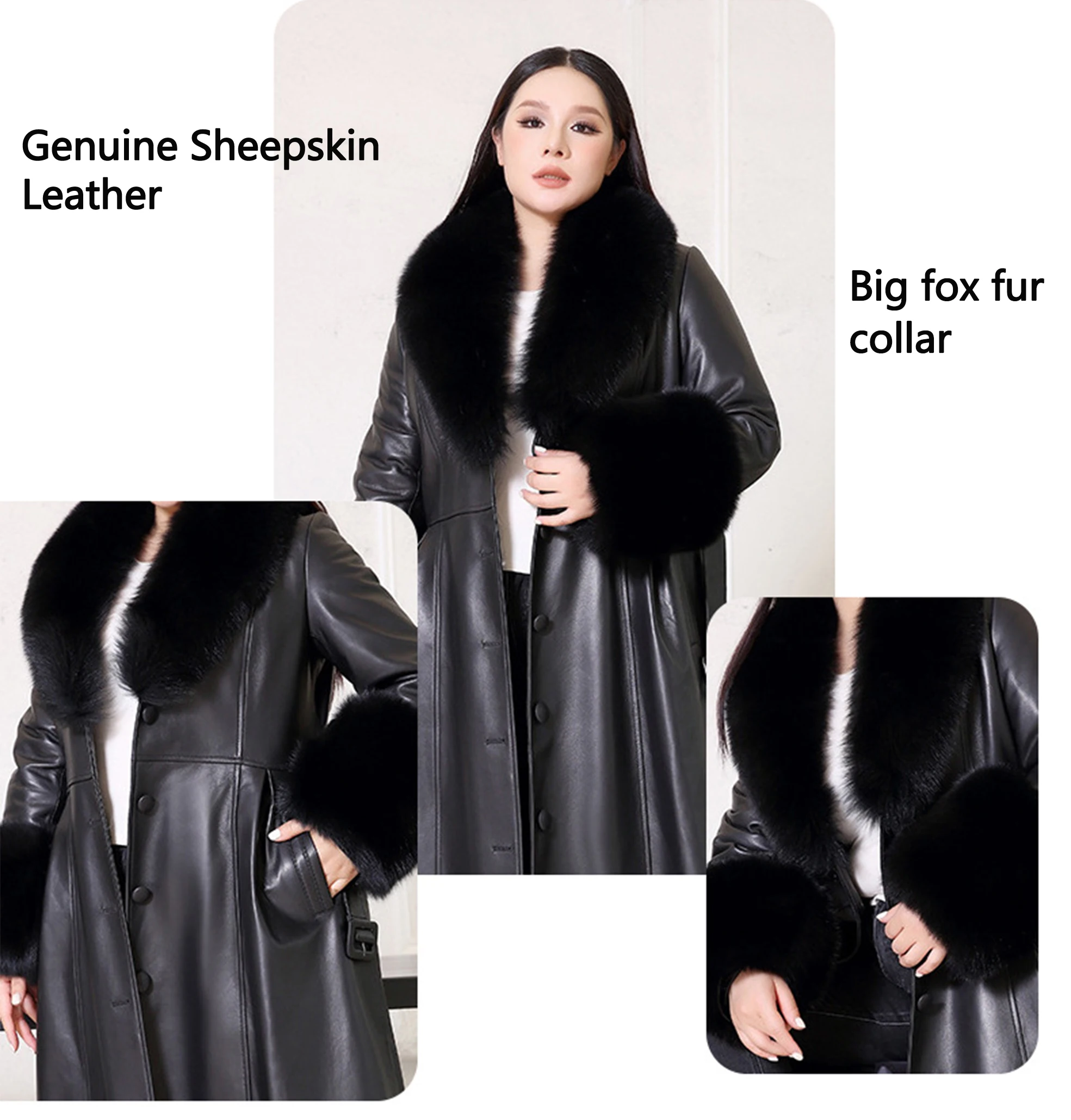 Damen-Jacke aus echtem Schaffell-Leder, langer Leder-Trenchcoat mit echtem Fuchspelzkragen und Ärmelbündchen