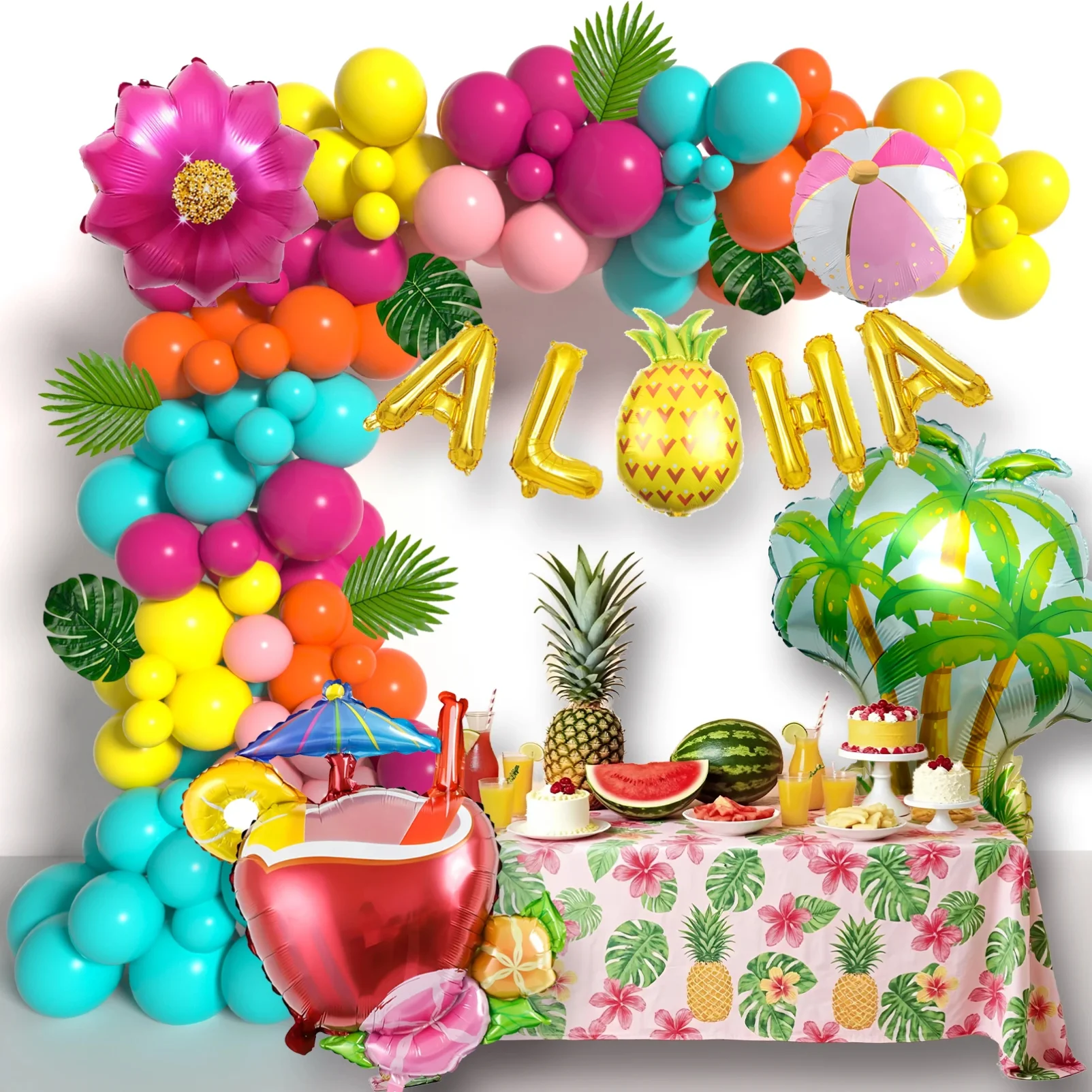 

178Pcs Tropical Balloon Arch Garland Kit, Luau Party Decorations Aloha Pineapple Coconut Palm Leaves Hot Pink Aqua Blue Hawaiian