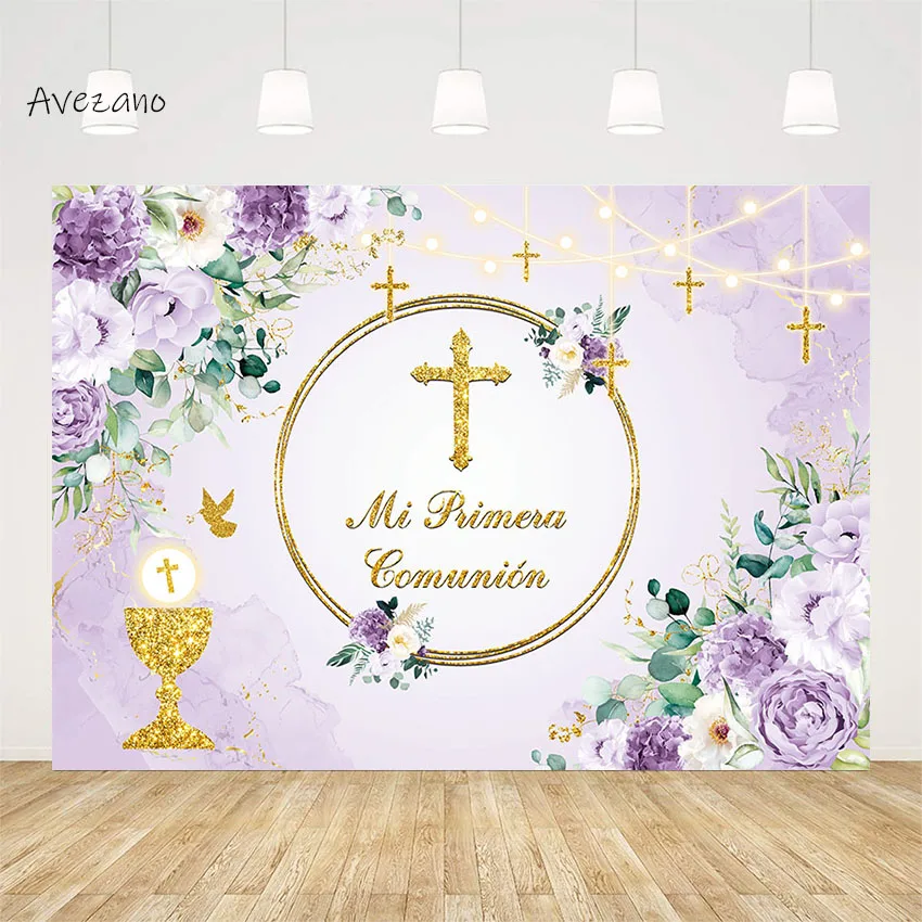 

Avezano Photography Backdrop My First Communion Gold Grail Cross Purple Fower Boy Girl Baptism Background Photo Studio Decor